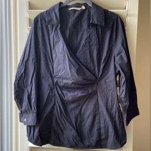 SOFT SURROUNDINGS Black LARGE Blouse collared 3/4 sleeve buttoned cuff v-neck
